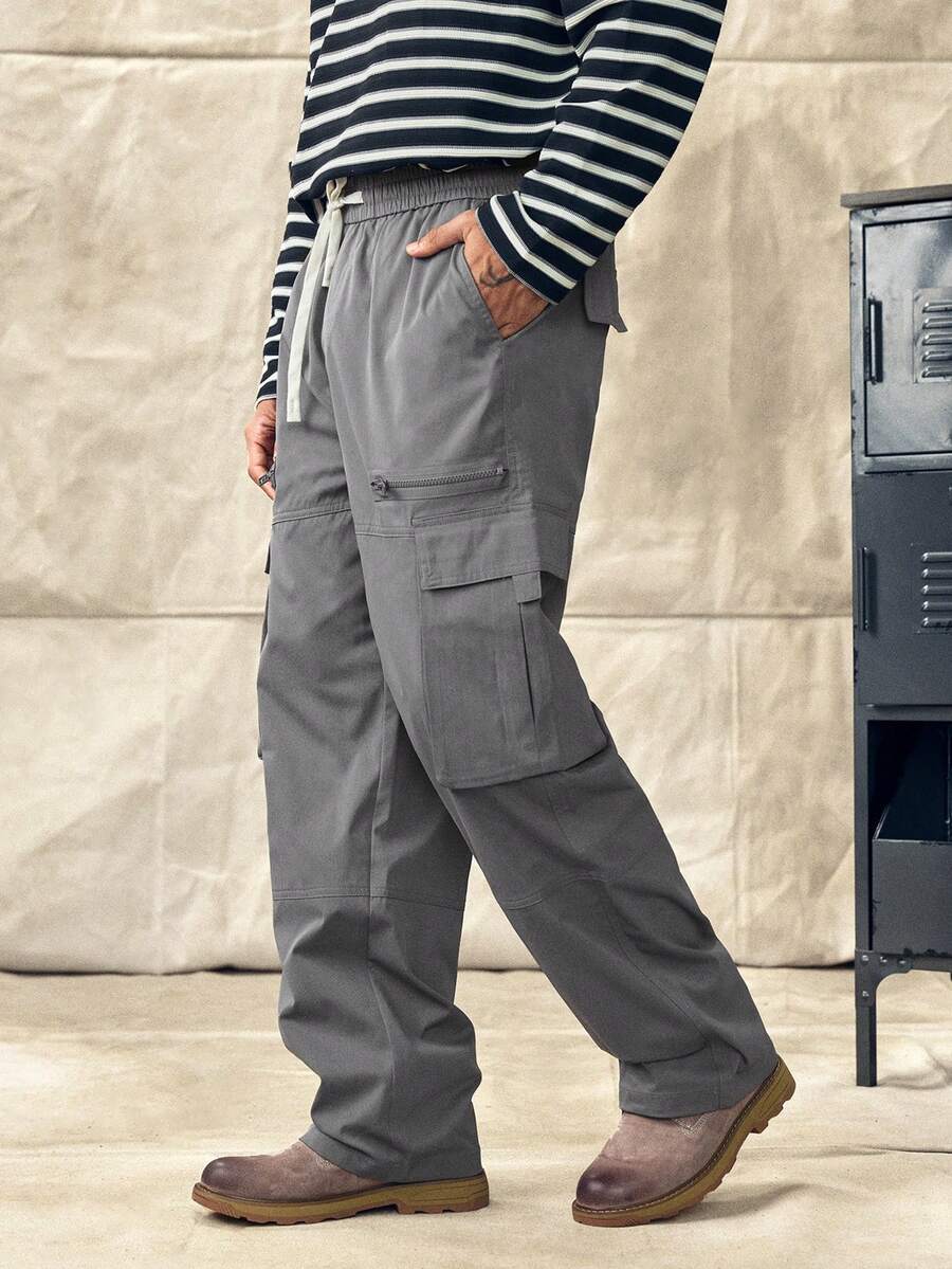 Norleigh Loose-Fit Men's Cargo Pants With Flap Pockets On Sides, 2000s Style, Fall - Dark Grey - View 1