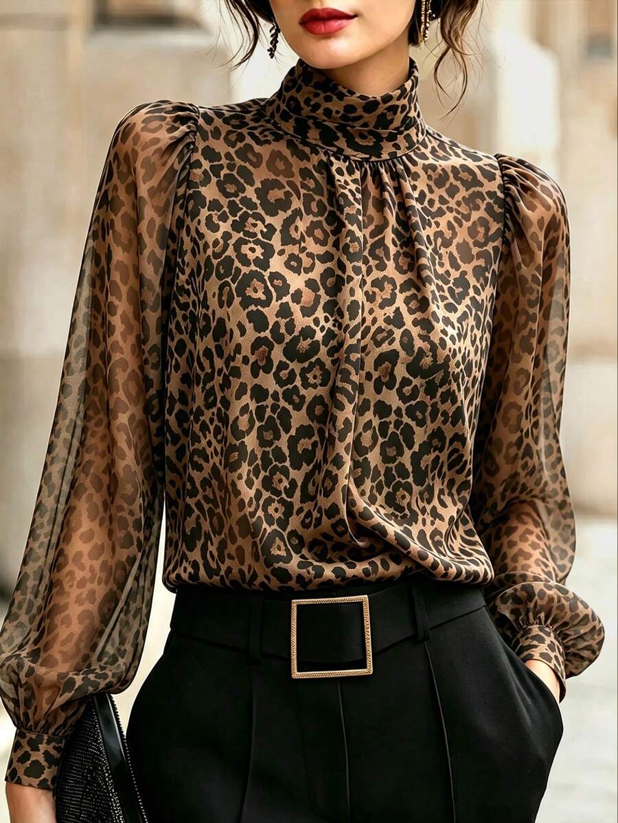 SHEIN 女款高領豹紋棕色上衣,法式優雅長袖雪紡襯衫,適合上班、社交、商務時尚、外出,秋季穿搭 - 棕色 - 查看 1