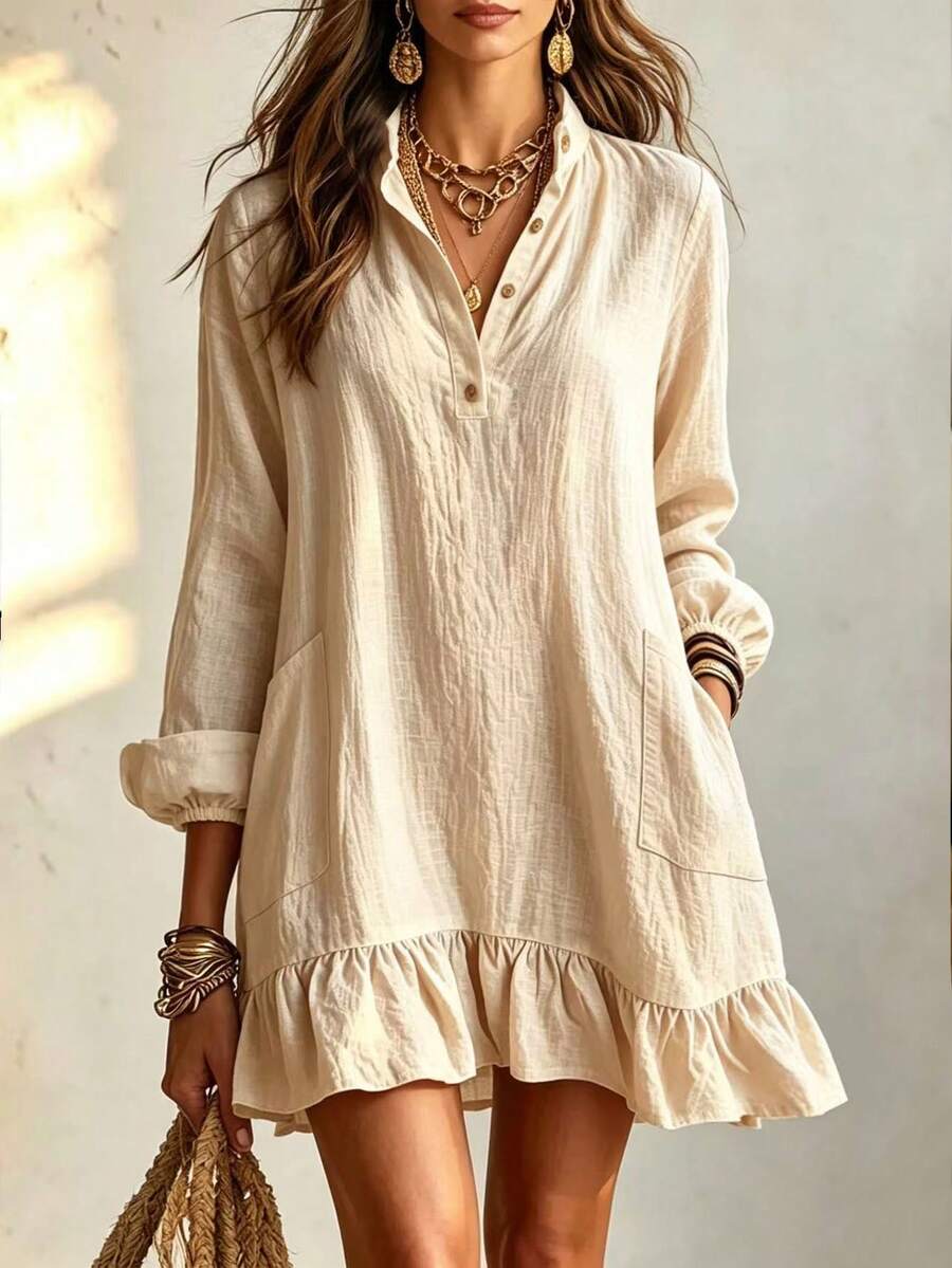 LUMIGAL Women's Casual Vacation Ruffle Hem Short Dress - Apricot - View 1