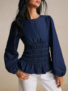 Poéselle Women's Round Neck Lantern Sleeve Ruched Waist Fashion Denim Top - Dark Wash - View 5
