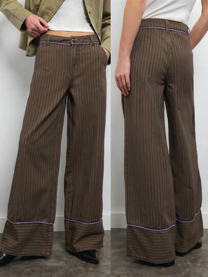 Nöista High-Waisted, Vertical Striped Wide-Leg Trousers, Contrasting, Comfortable, Practical, Casual. Spring Fall, Easy To Match, Ideal Choice Trousers.
