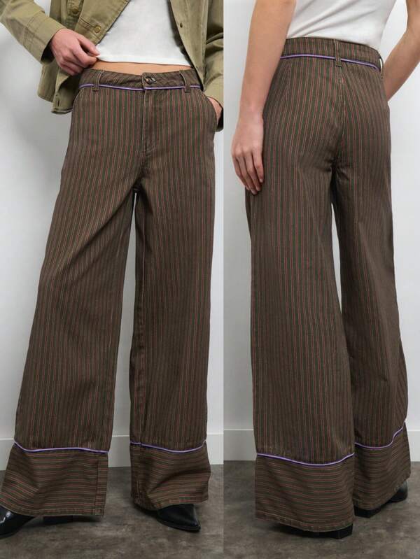 Nöista High-Waisted, Vertical Striped Wide-Leg Trousers, Contrasting, Comfortable, Practical, Casual. Spring Fall, Easy To Match, Ideal Choice Trousers.