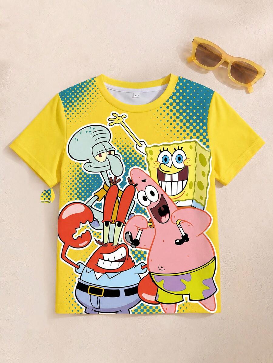 SpongeBob SquarePants | SHEIN Tween Boys Short Sleeve T-Shirt With Full Print - White - View 1