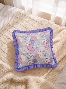 SHEIN 1 Piece, Retro Patchwork Ruffle Edge Pillow Cover, Ambient Flower Cushion Cover, Sofa Bedroom Home Decoration 30 * 50cm/45 * 45cm 3 Optional - Multicolor - View 6