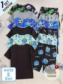 Tween Boy Snug Fit Pajama [6 Sets Randomly Send 1 Set]Boys Short Sleeve Shorts Snug Fit Style New Arrival Popular Elements Baseball Cap Spaceship Starry Sky Football English Letters Headphones Game Console Racing And Other Cool Print Suitable For Boys To Wear Pajamas Loungewear Set - Multicolor - View 2
