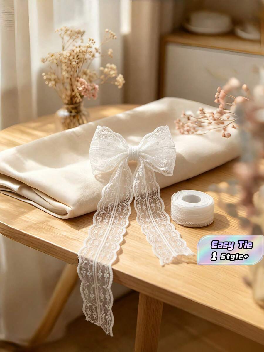 白色蕾絲緞帶 1 捲,波希米亞風時尚手工飾邊,適用禮品包裝、婚禮派對裝飾用品、新娘婚前派對、生日裝飾與 DIY 花卉裝飾 - 絲帶 - 查看 1