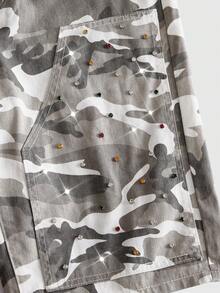 ROMWE MEN Men's Washed Loose Casual Beaded Camouflage 5-Point Shorts - Beige - View 4