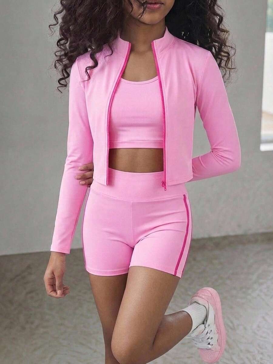 SHEIN 青少年女孩休閒日常百搭舒適修身純色撞色運動風秋冬套裝 - 粉色 - 查看 1