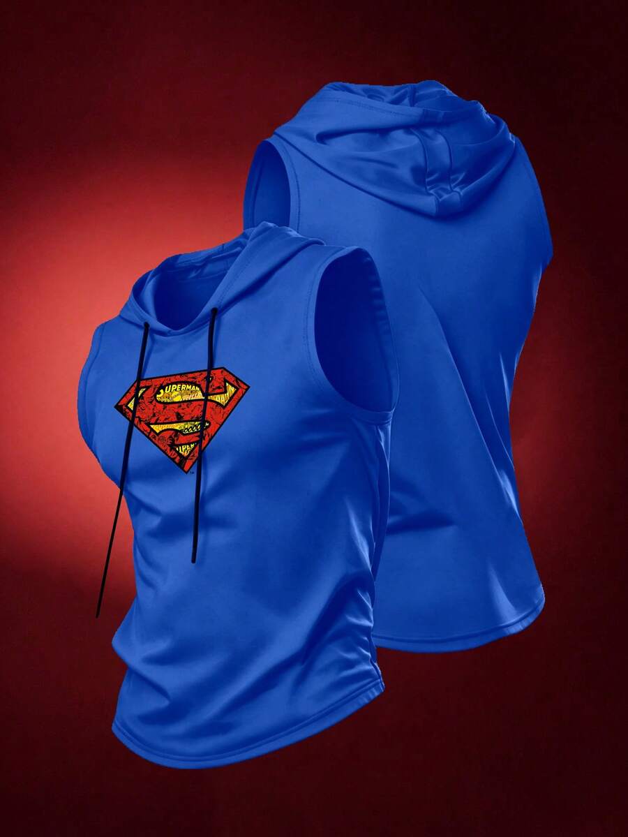 SUPERMAN X SHEIN Tank Top Olahraga Pria dengan Tudung dan Tali Serut Motif Geometris - Biru - View 1
