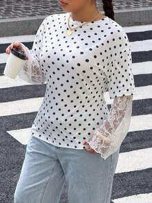 Muchica 大尺碼女款蕾絲拼接波點印花 2 合 1 T恤 - 黑與白 - 查看 1