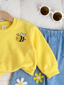 SHEIN 2pcs Baby Girl Floral Pattern Knit Soft Crew Neck Long Sleeve Sweatshirt And Long Autumn Pants Set - Yellow - View 3