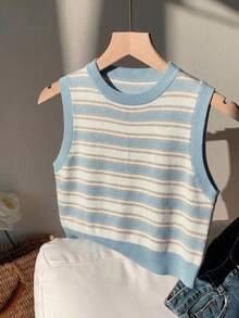SHEIN EZwear 優雅藍白條紋針織短版背心，軟妹風 Y2K 復古，適合約會、校園、度假 - 彩色 - 查看 7