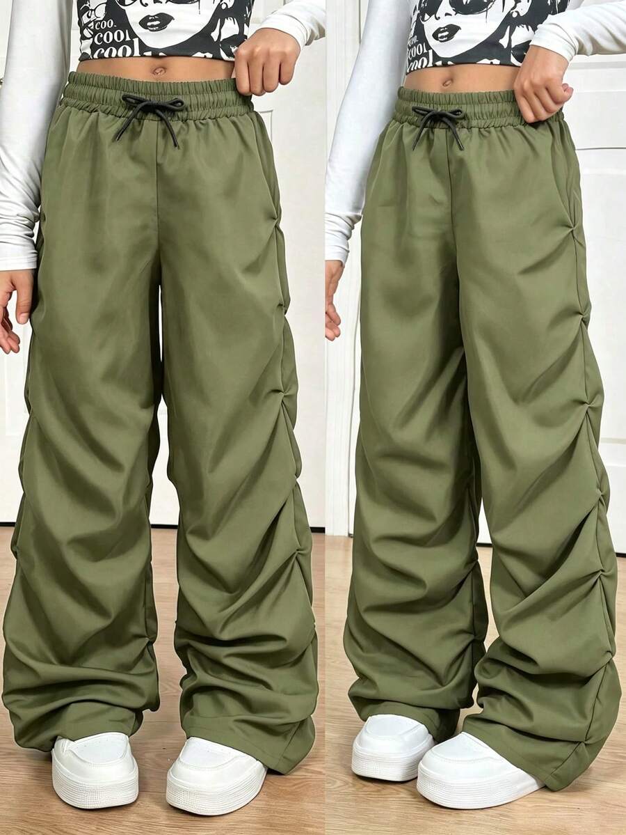 SHEIN 青少年女孩休閒百搭美式街頭風酷感抽褶工裝直筒長褲 - 軍綠色 - 查看 1