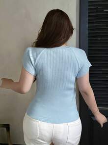 Dazy Plus Atasan Rajut Biru Pas Badan dengan Leher Bulat, Gaya Seksi, Elegan, Musim Semi/Panas/Gugur - Baby Blue - View 4