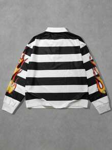 ROMWE MEN Prep Camisa polo de hombre con estampado de dibujos animados y rayas de colores contrastantes - Negro - Ver 3