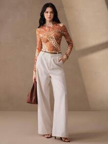 Anewsta Women's Spring/Summer Brown Tone Cashew Flower & Polka Dot Patchwork Slim Fit Sheer Mesh Long Sleeve T-Shirt, Commute, Date, Daily Layering Inner Top - Brown - View 4