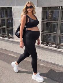 SHEIN 孕婦純色高腰緊身休閒運動長褲，附口袋 - 黑色 - 查看 3