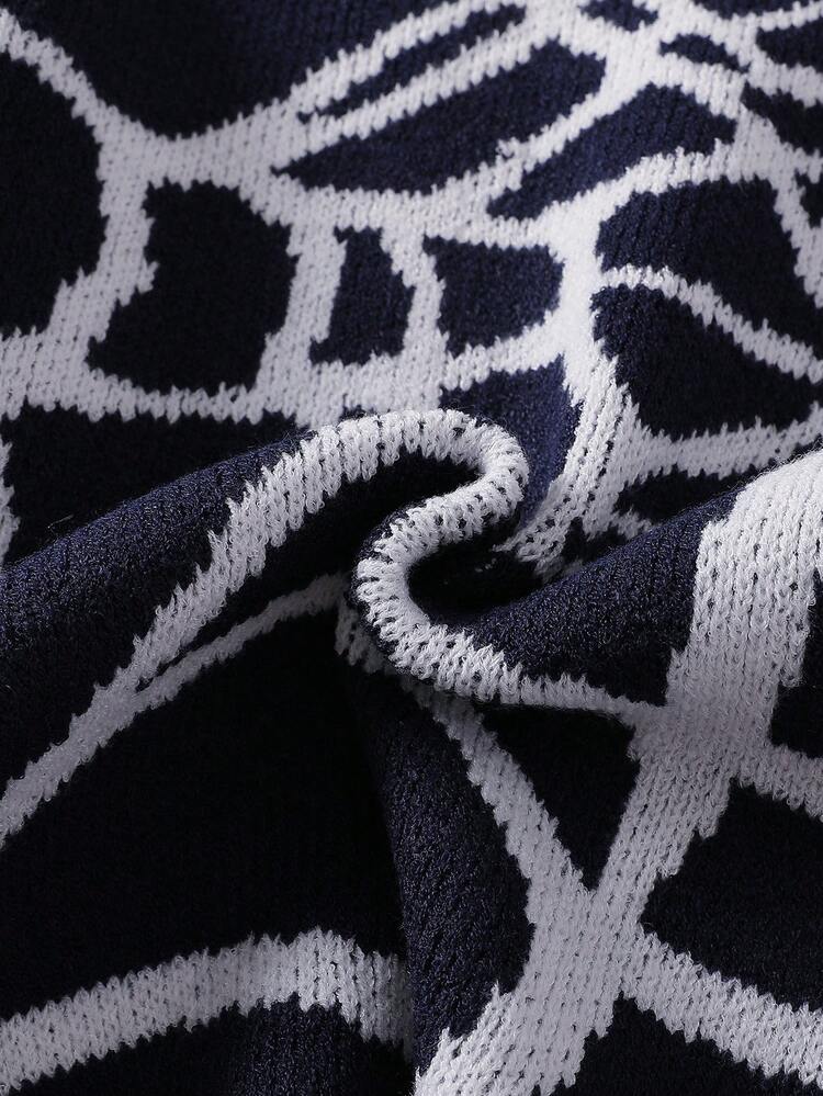 SHEIN Tween Boys Autumn/Winter Pattern Letter White Jacquard Knit Sweater Long Sleeve Pullover, Suitable Halloween And Christmas Back To School Clothes - Navy Blue - View 5