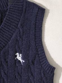 SHEIN 女童（大號）深藍色 V 領刺繡針織背心毛衣，柔軟舒適，適合日常穿著、外出、旅行、度假、居家、托兒所及玩耍 - 藍色 - 查看 6