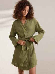 Ocili Comfortable Pure Cotton Soft Mesh Double Layer Robe Women's Loungewear Long Robe With Frill Trim - Dark Green - View 5