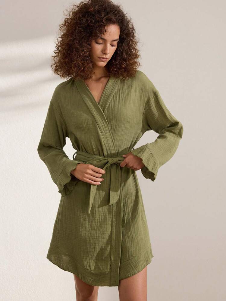 Ocili Comfortable Pure Cotton Soft Mesh Double Layer Robe Women's Loungewear Long Robe With Frill Trim - Dark Green - View 5