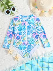 SHEIN 女童时尚长袖连体泳衣，适合海滩、度假村、水疗中心 - 彩色 - 查看 6