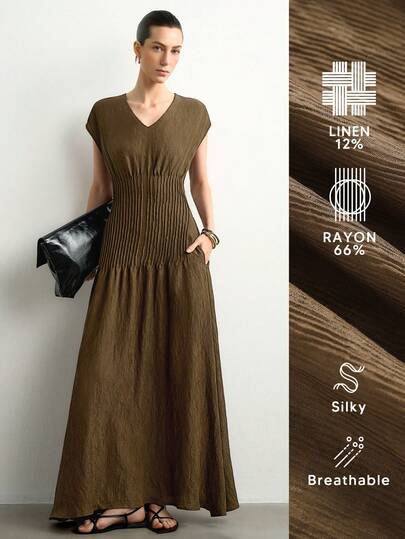 Aalyst Women's Solid Color V-Neck Pleated Casual Daily Long Dress