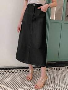 DAZY 夏秋款純色休閒優雅黑色直筒女款牛仔裙 - 黑色 - 查看 5