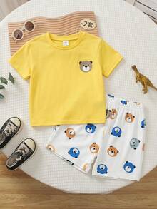 Playful Pals 2pcs/Set Young Boys Bear Graphic Print Round Neck Raglan Sleeve Top And Colorful Bear Shorts, Summer Family Matching Casual Soft Collegiate Style - Yellow - View 1
