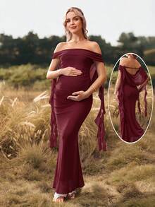 Cheriluna Maternity 聖誕派對洋裝/優雅派對洋裝/嬰兒洗禮派對洋裝 純色露肩露背蝴蝶結長版孕婦攝影洋裝 - 酒紅色 - 查看 1