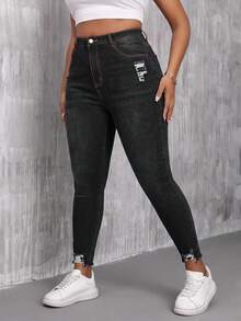 SHEIN Unity Plus Size Women's Ripped Fashionable Casual Goth Versatile Jeans Going Out Formal Dark Green Summer - Black - View 6