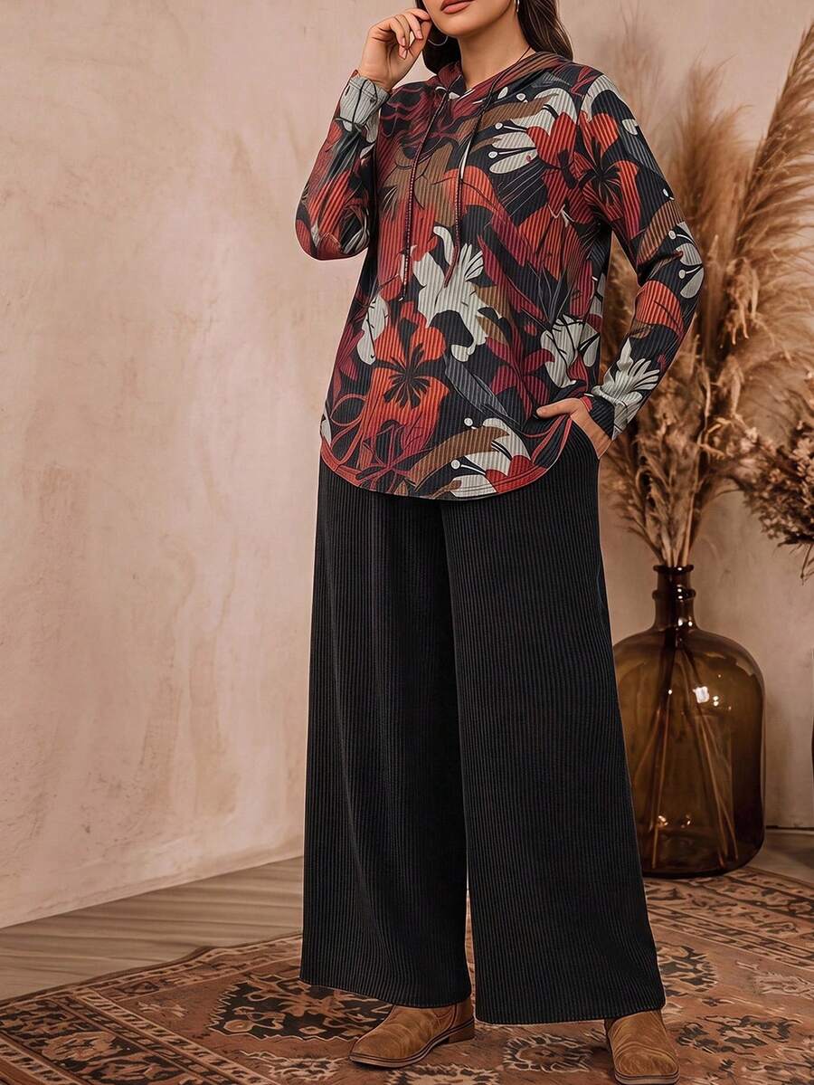 EMERY ROSE Women's Plus Size Printed Pullover Hoodie Set, Autumn/Winter Fall Winter 2026 Fall Outfits Hooded Printed Casual Suit - Multicolor - View 1