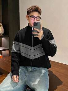DAZY Black & Gray Colorblock Zip-Up Cardigan With Cuffed Hem And Sleeves, Loose Fit For Men - Multicolor - View 4