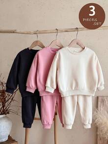 SHEIN LMoss Kids 女童 3件組 針織素色圓領寬鬆休閒秋季衛衣套裝 - 黑色 - 查看 9