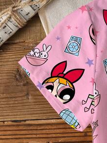 THE POWERPUFF GIRLS X SHEIN 青少年女孩字母卡通印花圓領短袖休閒T恤 - 白色 - 查看 5