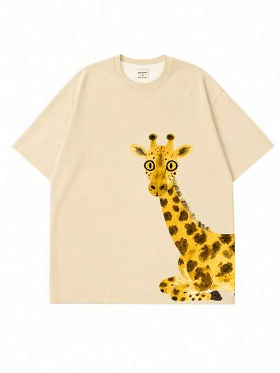 FROVYX Men Fun Hand-Drawn Giraffe Illustration Round Neck Short Sleeve T-Shirt, Wear Artistic Flair, Make Summer More Lively And Interesting, Suitable For Fashionable Young People Who Pursue Unique Personalized, Love Healing Art Style And Natural Color Palette
