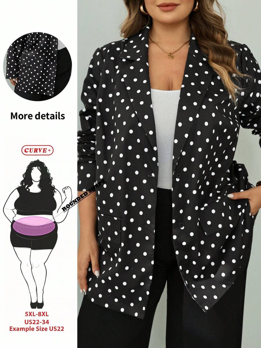 SHEIN CURVE+ 大尺碼時尚百搭波點印花鈕扣長袖西裝外套 - 黑與白 - 查看 1