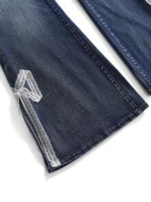 ROMWE Kawaii Celana Jeans Wanita Model Flare dengan Hiasan Pita dan Renda Vintage, Ukuran Plus - Biru - View 5