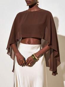 Zivah New Summer Hottest Selling Vacation Boho Nomadic Loose-Fitting Brown Cape Shawl Shorter Front And Longer Back Women Top, Suitable For Everyday Wear, Vacations, Travel, Beaches, Party, Airport, Brunch, Elegance, Boho , Nomadic, Casual , Shopping, Commuting, Graduation , Country Concert - Brown - View 2