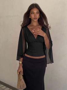 Siren Gaze Women's Solid Color Deep V-Neck Pleated Slim Fit Versatile Daily Casual Blouse - Black - View 4
