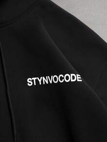 STYNVO 男士百搭字母印花口袋長袖格紋拼接連帽衛衣 - 黑色 - 查看 6