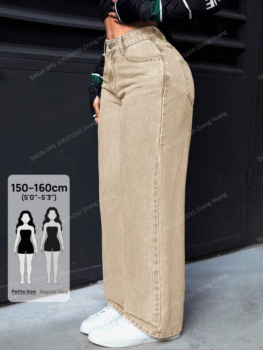 SHEIN PETITE 女款休閒水洗直筒牛仔褲 - 駝色 - 查看 1