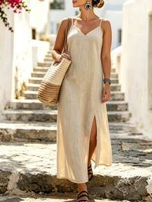 Linhara CURVE Plus Size Elegant Versatile Spaghetti Strap V-Neck Hem Slit Vacation Beach Dress - Apricot - View 7