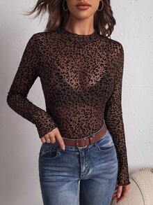 SHEIN PETITE CURVE 大尺碼女款時尚性感透視豹紋長袖上衣 - 棕色 - 查看 6