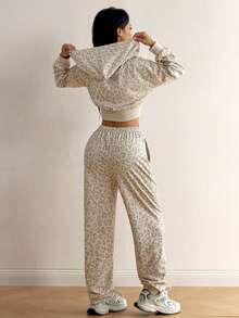 SHEIN EZwear 豹紋針織女款長袖拉鍊連帽衛衣與長褲兩件套 - 彩色 - 查看 2