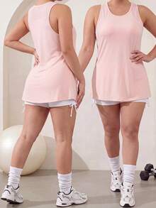 SHEIN Dewbera Plus Size Women's Sports Tank Top 2 Pieces Set Gym Pilates Black Light Pink Summer - Multicolor - View 2