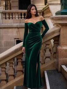 Firerie Solid Color Velvet Off Shoulder Ruched Waist High Slit Bridesmaid Dress, Elegant Long Sleeve Dress Wedding Fall - Green - View 8