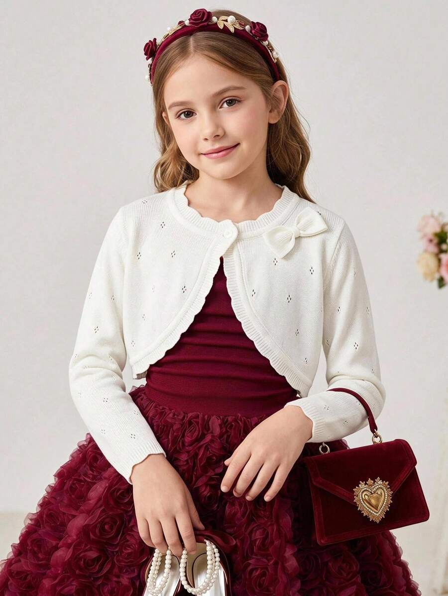 SHEIN Elladie kids 少女蝴蝶結裝飾休閒百搭日常穿搭開襟衫 秋季 - 白色 - 查看 1