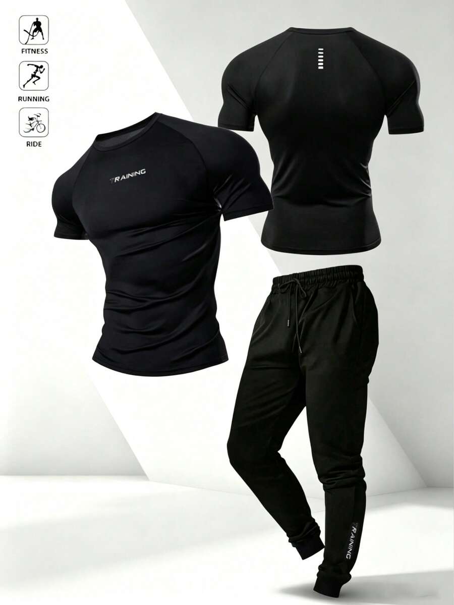 Gym Rark 男士字母印花短袖上衣與長褲休閒日常運動套裝 - 黑色 - 查看 1