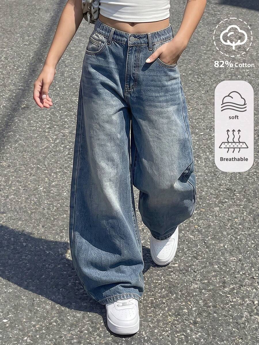 SHEIN 青少年休閒街頭風 Y2K 復古酷感 開學季 極簡基礎款 淺藍色寬鬆牛仔褲 夏季 運動 秋冬